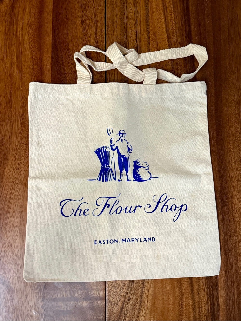 Canvas Tote Bag - Cream with Blue Print for The Flour Shop in Easton, Maryland